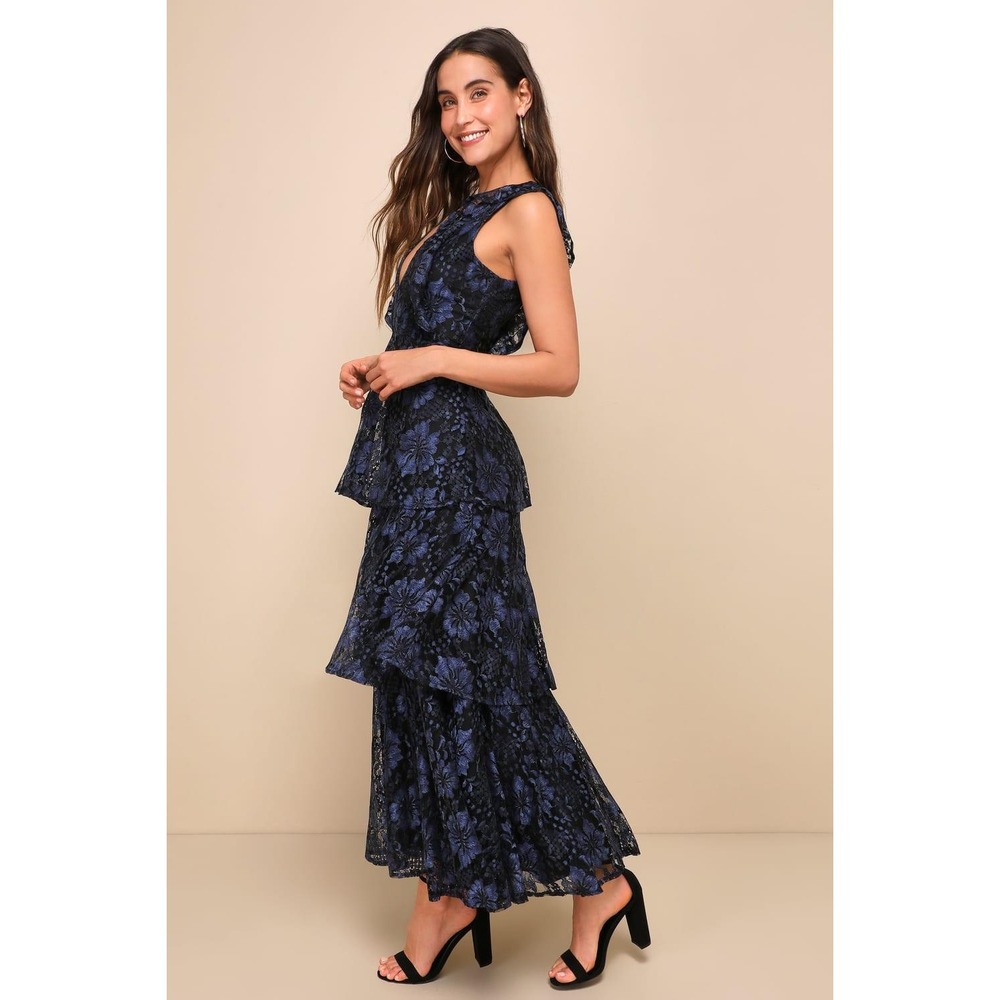 Lulus Molinetto Navy Blue Lace Ruffled Tiered Sleeveless Maxi Dress Size XXL - Picture 3 of 7